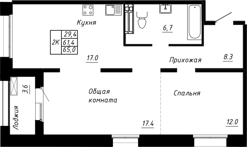 3-комнатная (Евро) квартира, 65 м² в ЖК "Сибирь" - планировка, фото №1