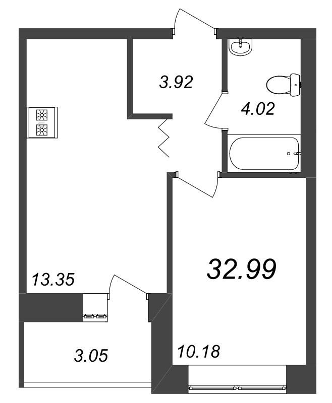 1-комнатная квартира, 32.99 м² - планировка, фото №1