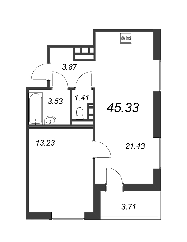 1-комнатная квартира, 43.47 м² - планировка, фото №1