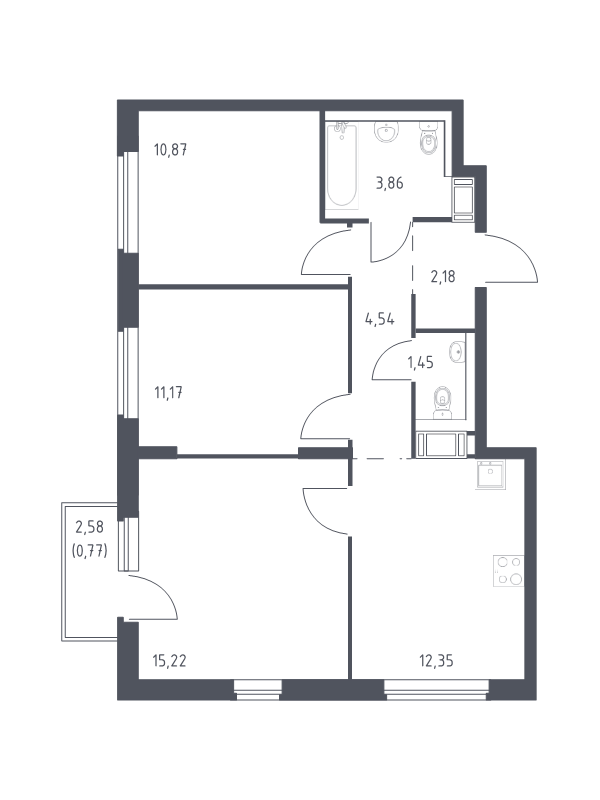 3-комнатная квартира, 62.41 м² - планировка, фото №1