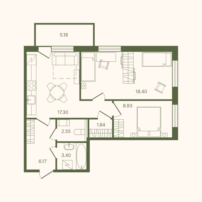 3-комнатная (Евро) квартира, 60.1 м² в ЖК "Рауни" - планировка, фото №1