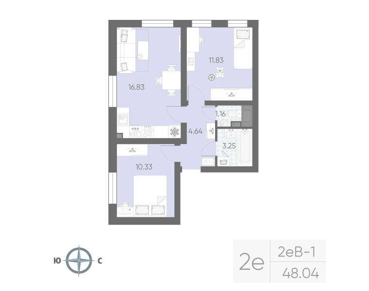 3-комнатная (Евро) квартира, 48.04 м² в ЖК "Морская миля" - планировка, фото №1