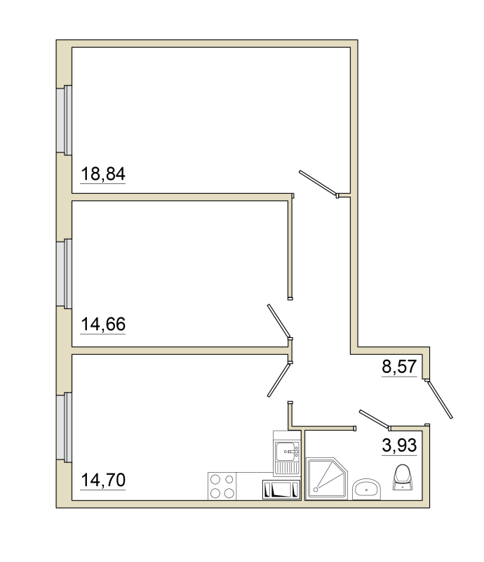 2-комнатная квартира, 60.9 м² в ЖК "Granholm Village" - планировка, фото №1