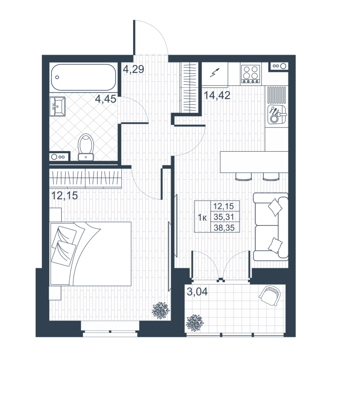 1-комнатная квартира, 36.83 м² в ЖК "Ново-Антропшино" - планировка, фото №1