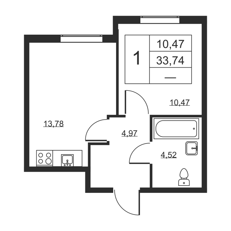 1-комнатная квартира, 33.74 м² в ЖК "Высота" - планировка, фото №1