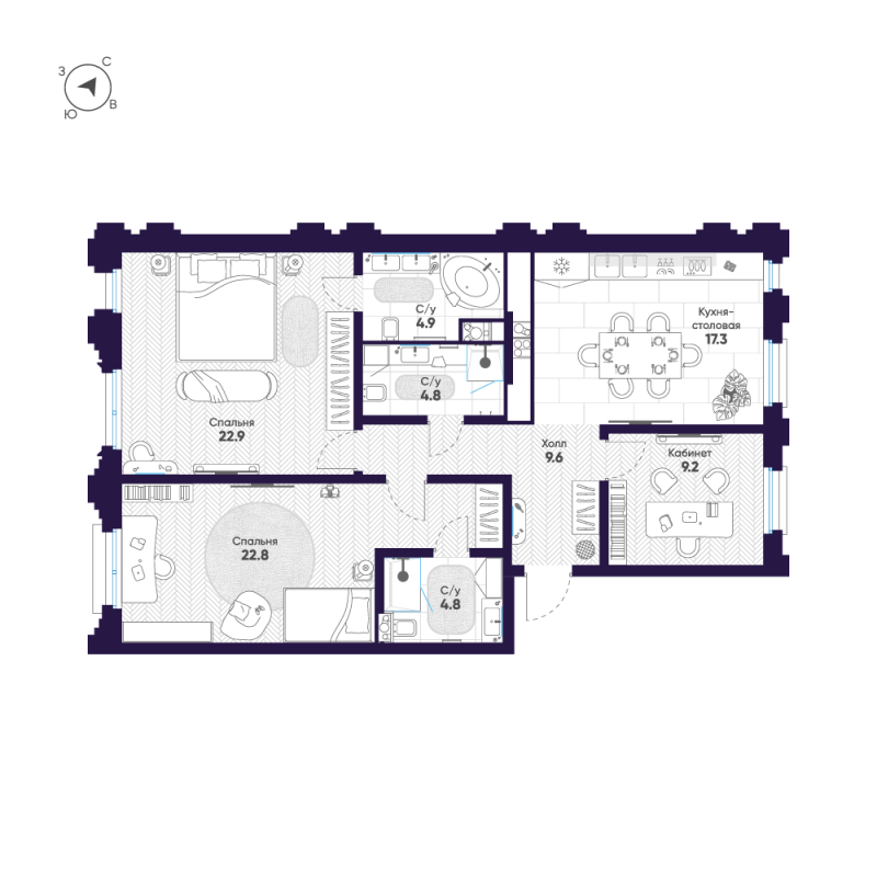 4-комнатная (Евро) квартира, 96.3 м² в ЖК "Mariinka Deluxe" - планировка, фото №1