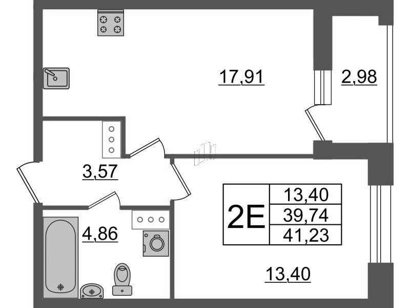 2-комнатная (Евро) квартира, 41.23 м² - планировка, фото №1