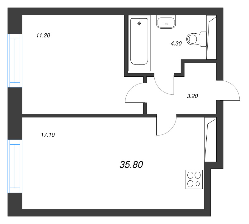2-комнатная (Евро) квартира, 35.8 м² в ЖК "Большая Охта" - планировка, фото №1