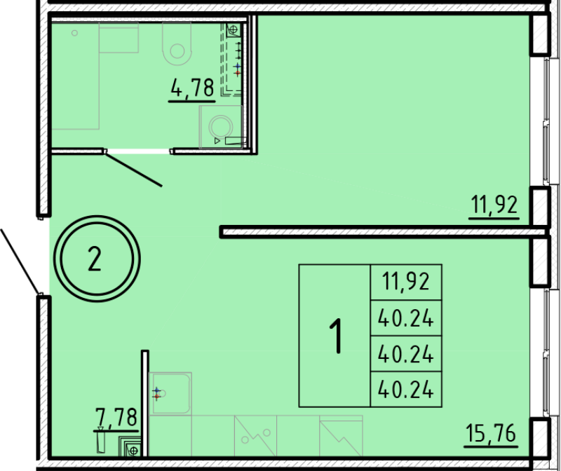 2-комнатная (Евро) квартира, 40.24 м² - планировка, фото №1