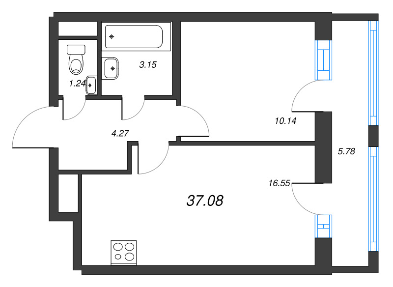2-комнатная (Евро) квартира, 37.08 м² в ЖК "Старлайт" - планировка, фото №1