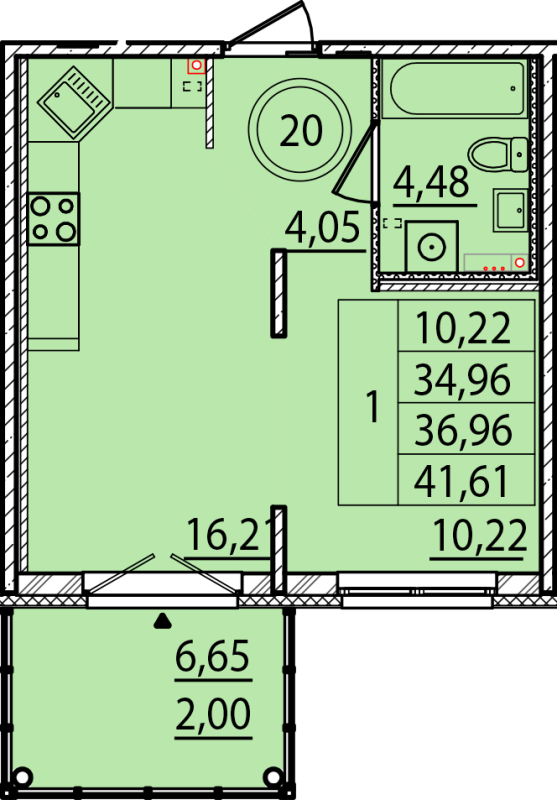 2-комнатная (Евро) квартира, 34.96 м² в ЖК "Образцовый квартал 15" - планировка, фото №1