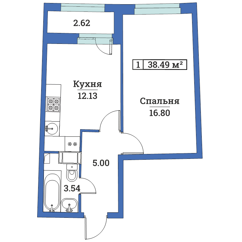 1-комнатная квартира, 38.49 м² - планировка, фото №1