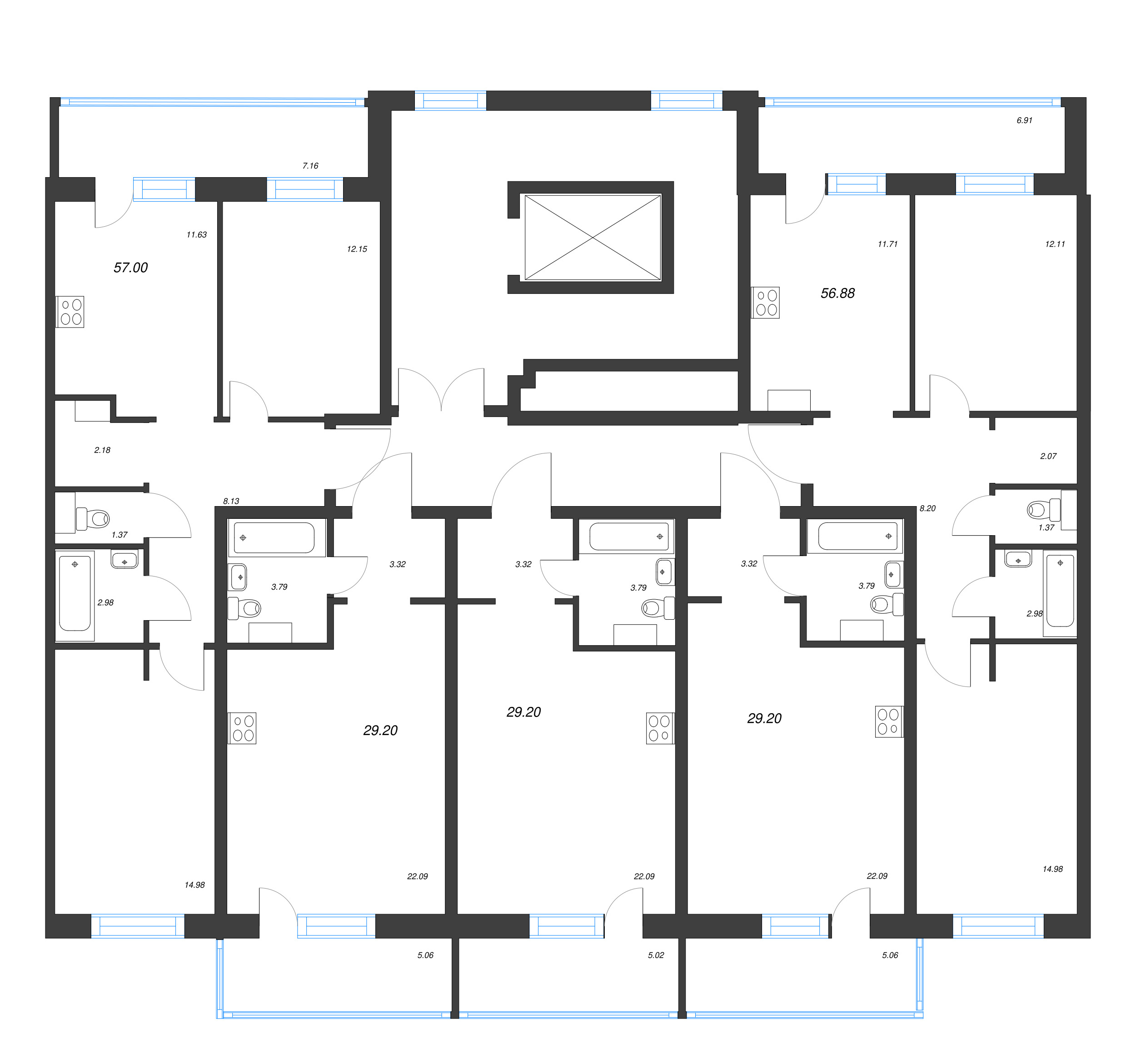 2-комнатная квартира, 56.88 м² - планировка этажа
