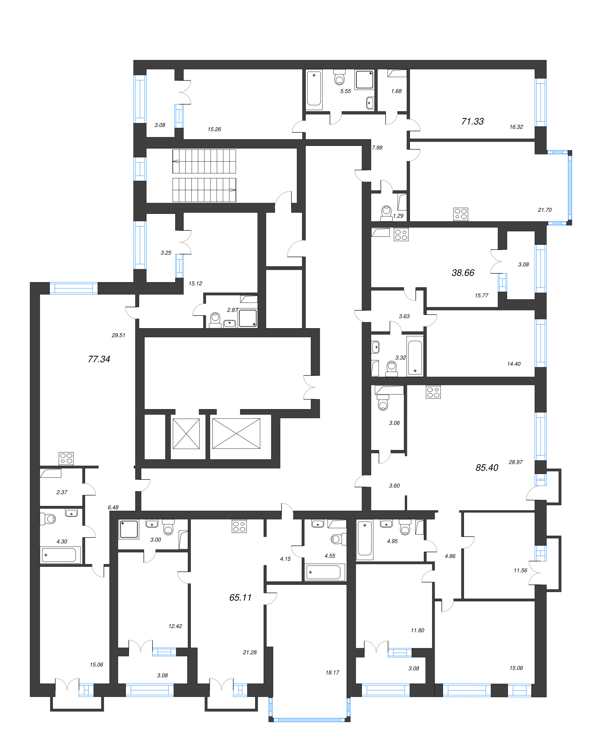 3-комнатная (Евро) квартира, 82.9 м² в ЖК "Наука" - планировка этажа