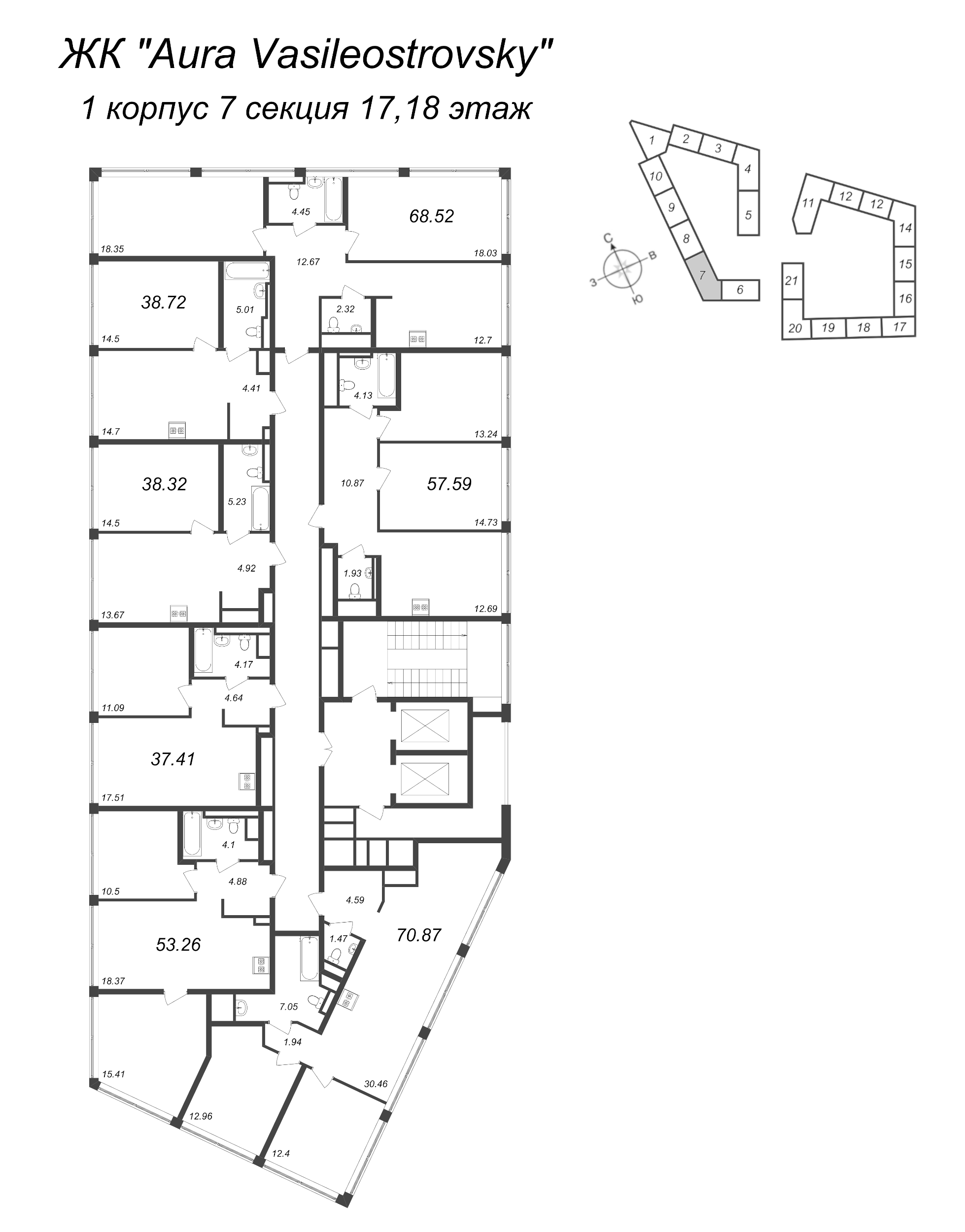 3-комнатная (Евро) квартира, 53.26 м² - планировка этажа