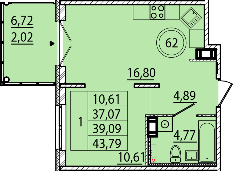 2-комнатная (Евро) квартира, 37.07 м² в ЖК "Образцовый квартал 15" - планировка, фото №1
