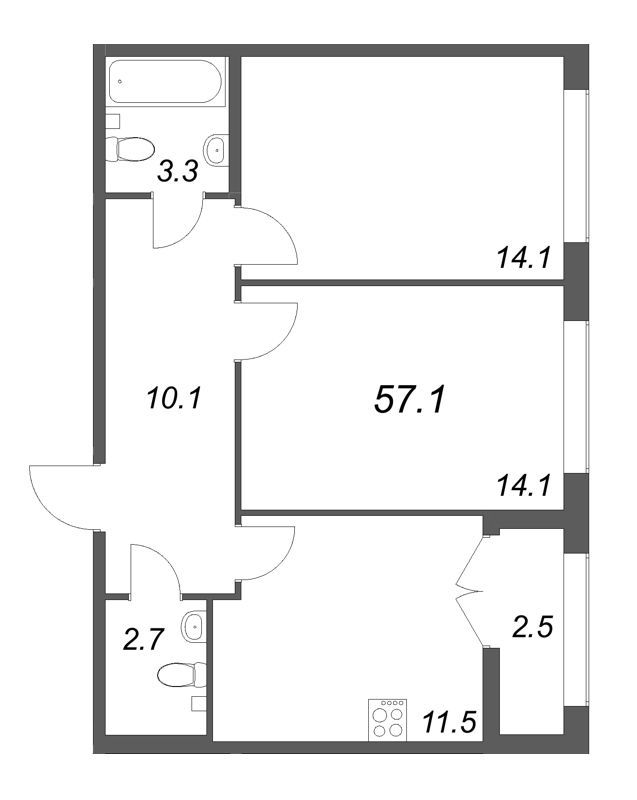 2-комнатная квартира, 57.1 м² в ЖК "Кронунг ЮГ" - планировка, фото №1