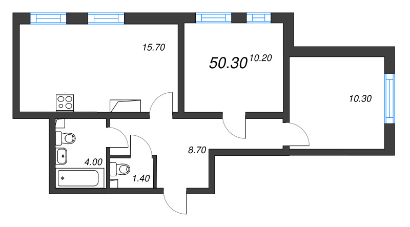 3-комнатная (Евро) квартира, 50.3 м² в ЖК "Ручьи" - планировка, фото №1