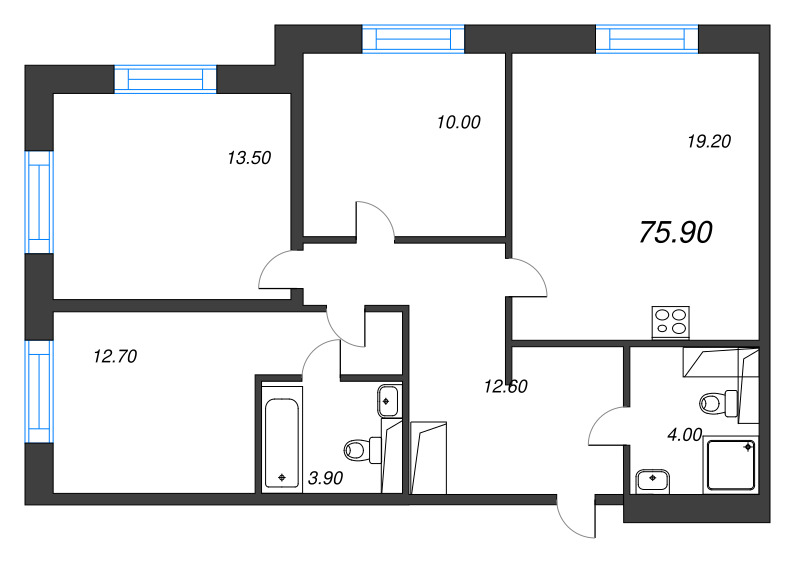 4-комнатная (Евро) квартира, 75.9 м² в ЖК "Большая Охта" - планировка, фото №1