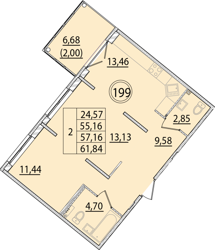 2-комнатная квартира, 55.16 м² - планировка, фото №1