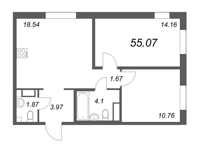 3-комнатная (Евро) квартира, 55.07 м² в ЖК "IQ Гатчина" - планировка, фото №1