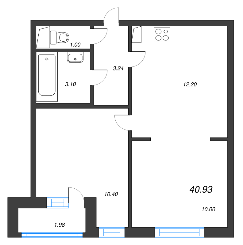 2-комнатная (Евро) квартира, 40.93 м² - планировка, фото №1