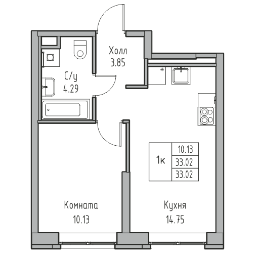 2-комнатная (Евро) квартира, 33.02 м² в ЖК "Юнтолово" - планировка, фото №1