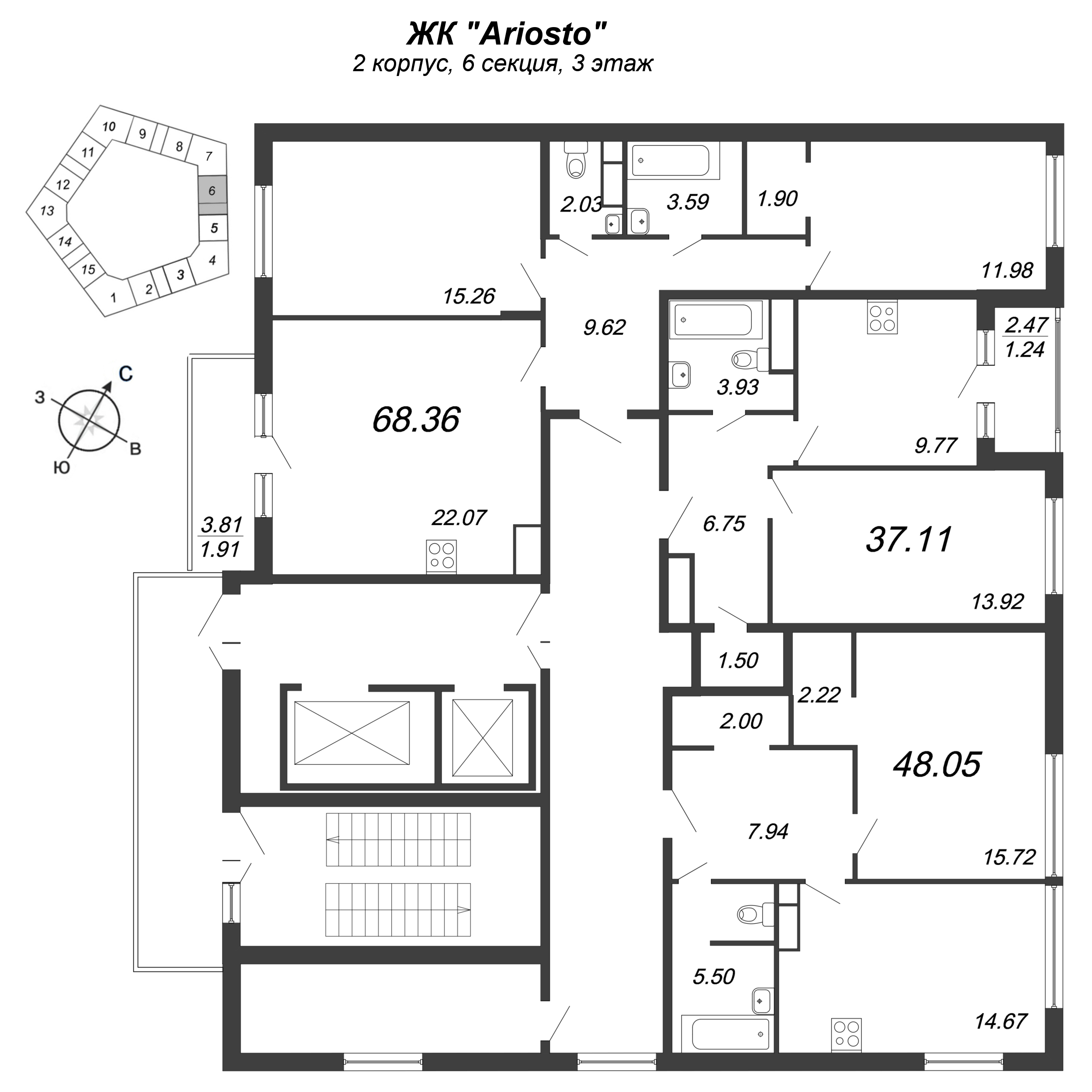 1-комнатная квартира, 48.05 м² в ЖК "Ariosto" - планировка этажа