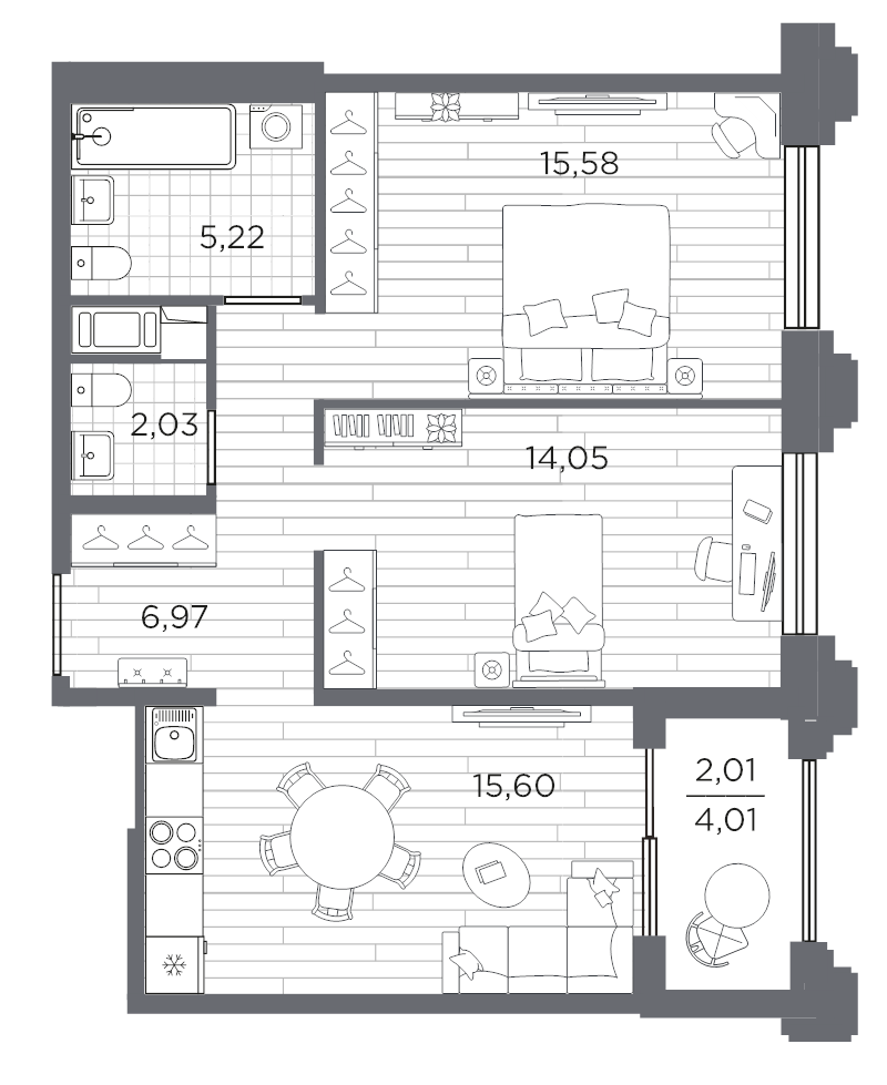 3-комнатная (Евро) квартира, 61.46 м² в ЖК "Ассамблея" - планировка, фото №1
