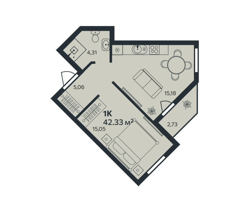 1-комнатная квартира, 42.33 м² в ЖК "Эдельвейс.Янино" - планировка, фото №1