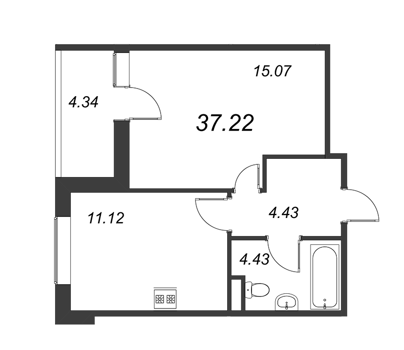 1-комнатная квартира, 35.05 м² - планировка, фото №1