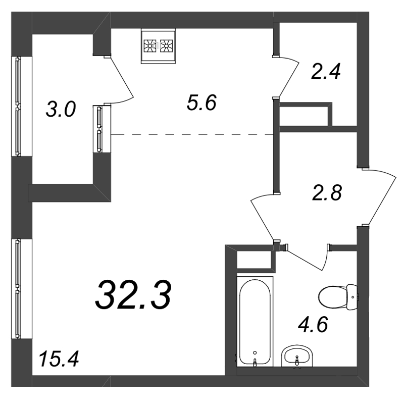 Квартира-студия, 32.4 м² - планировка, фото №1