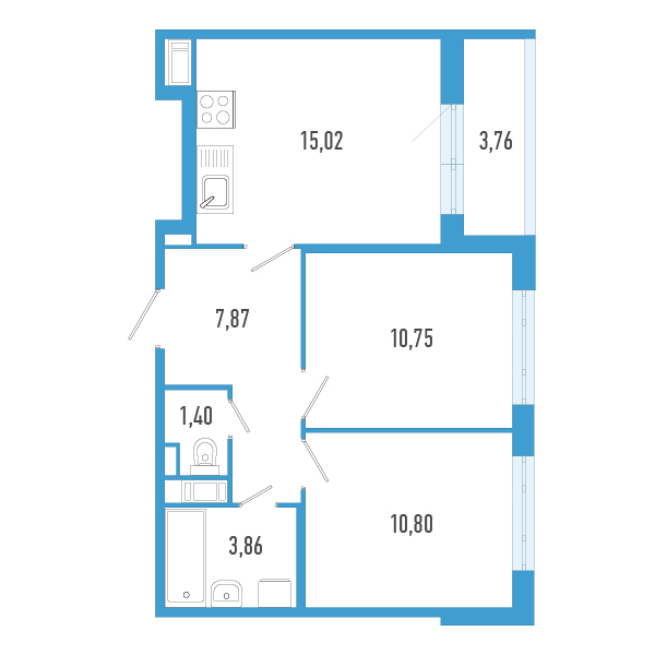 3-комнатная (Евро) квартира, 51.58 м² в ЖК "AEROCITY" - планировка, фото №1