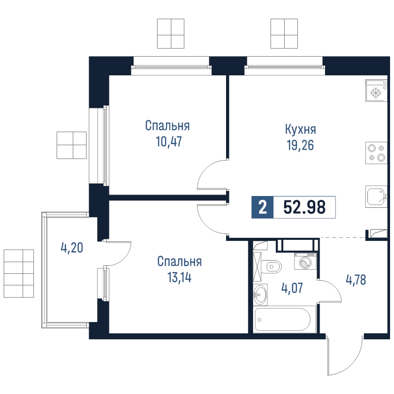 3-комнатная (Евро) квартира, 52.98 м² в ЖК "Максималист" - планировка, фото №1