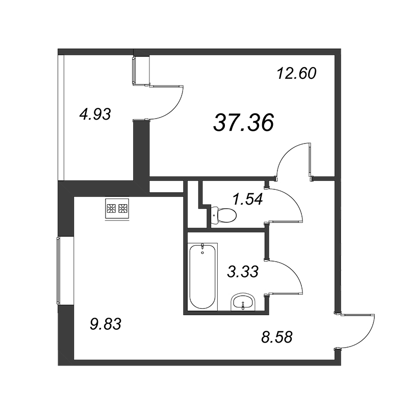 1-комнатная квартира, 35.88 м² - планировка, фото №1
