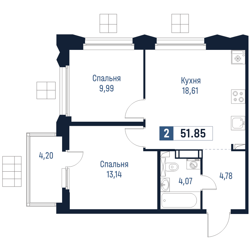 3-комнатная (Евро) квартира, 51.85 м² в ЖК "Максималист" - планировка, фото №1
