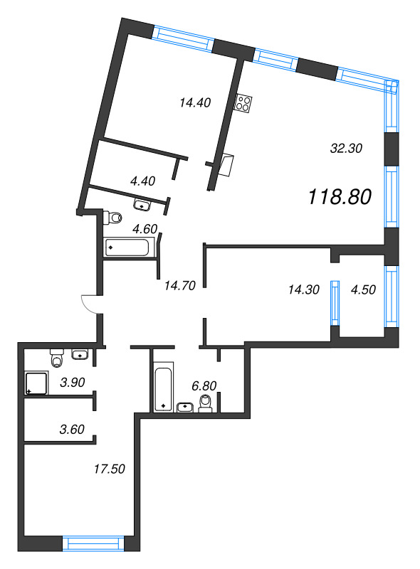 4-комнатная (Евро) квартира, 118.8 м² - планировка, фото №1