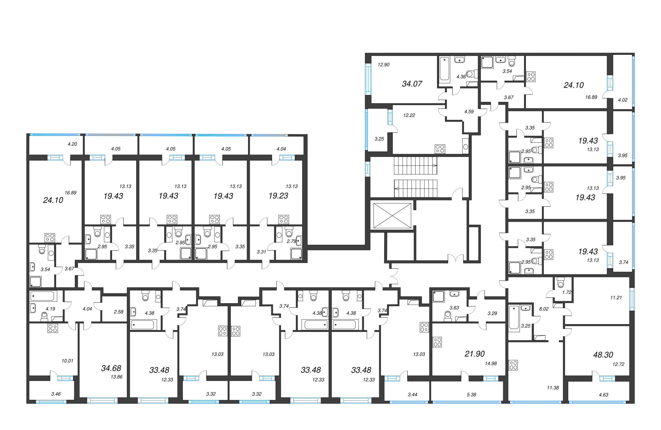 2-комнатная (Евро) квартира, 33.48 м² - планировка этажа