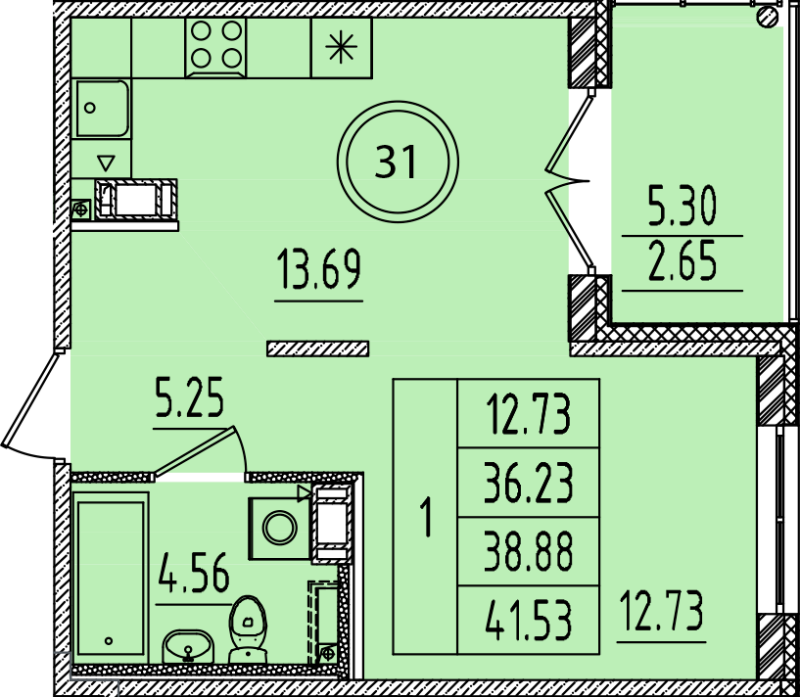 1-комнатная квартира, 36.23 м² в ЖК "Образцовый квартал 14" - планировка, фото №1