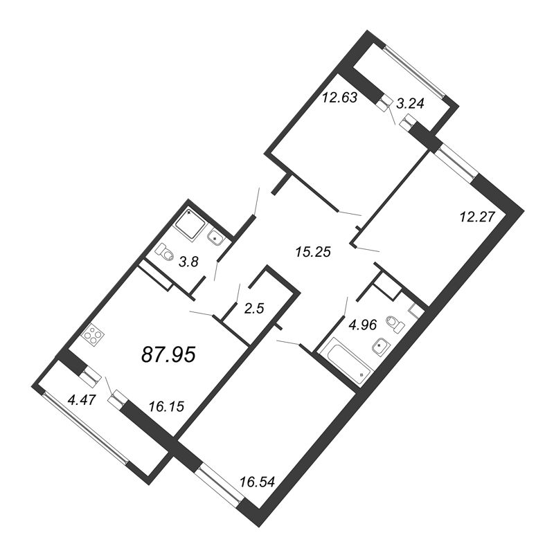 3-комнатная квартира, 87.95 м² - планировка, фото №1