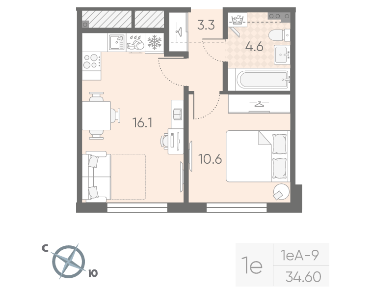 2-комнатная (Евро) квартира, 34.6 м² в ЖК "Пулково Lake" - планировка, фото №1