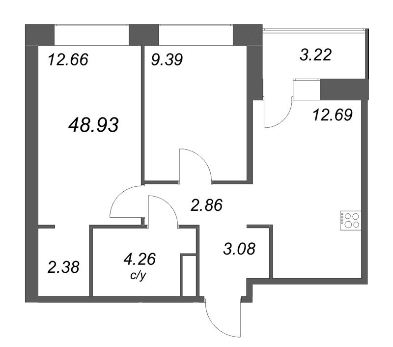 2-комнатная квартира, 48.93 м² в ЖК "Уютный" - планировка, фото №1