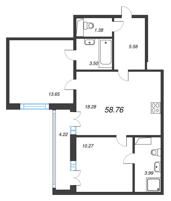 3-комнатная (Евро) квартира, 58.76 м² - планировка, фото №1