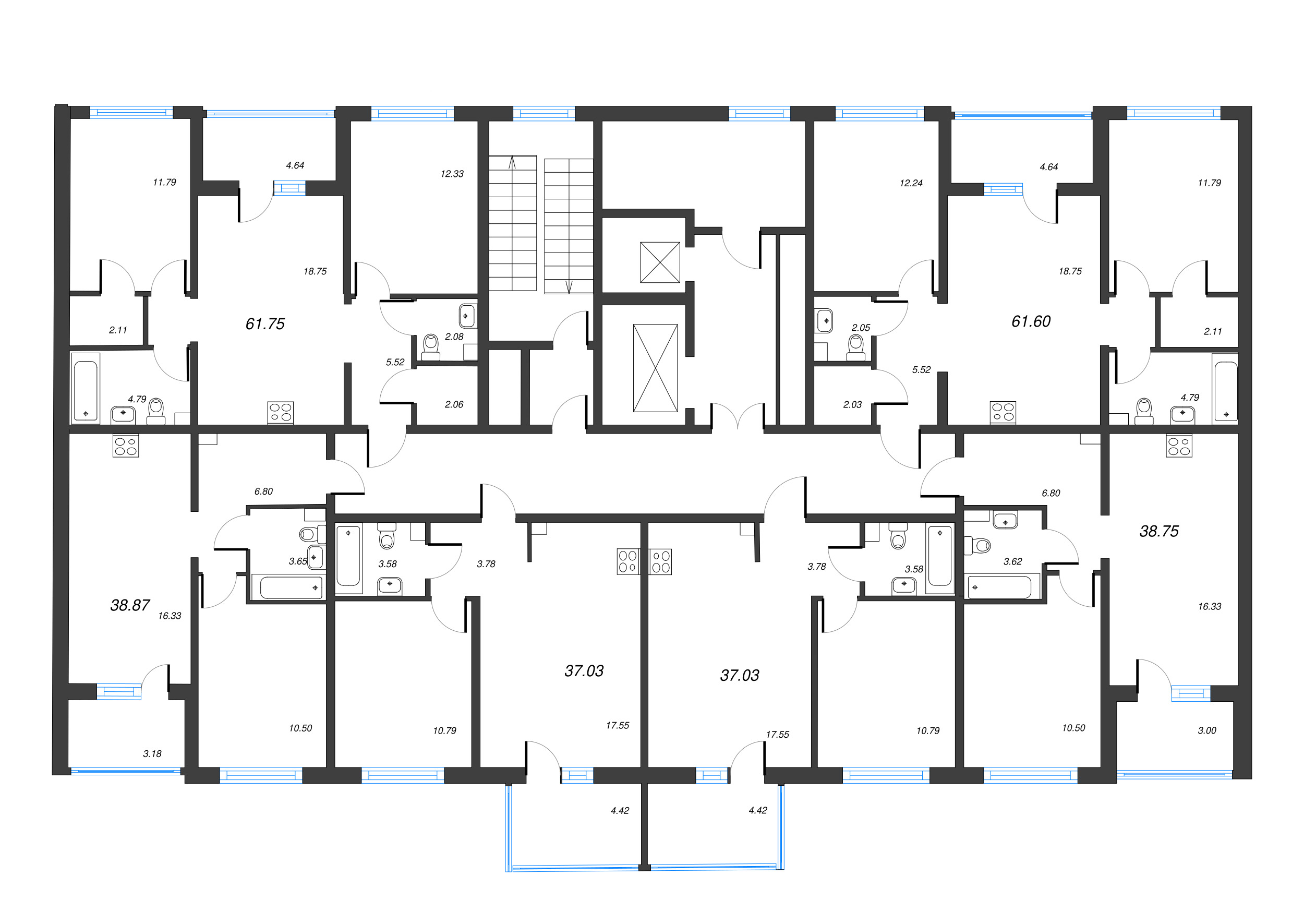 3-комнатная (Евро) квартира, 61.75 м² - планировка этажа