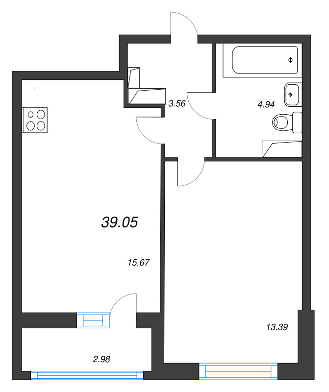 2-комнатная (Евро) квартира, 39.05 м² в ЖК "Аквилон Leaves" - планировка, фото №1