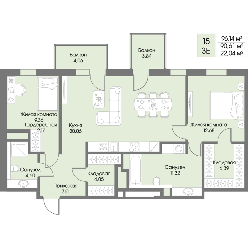 3-комнатная (Евро) квартира, 90.61 м² в ЖК "Рощино Residence" - планировка, фото №1