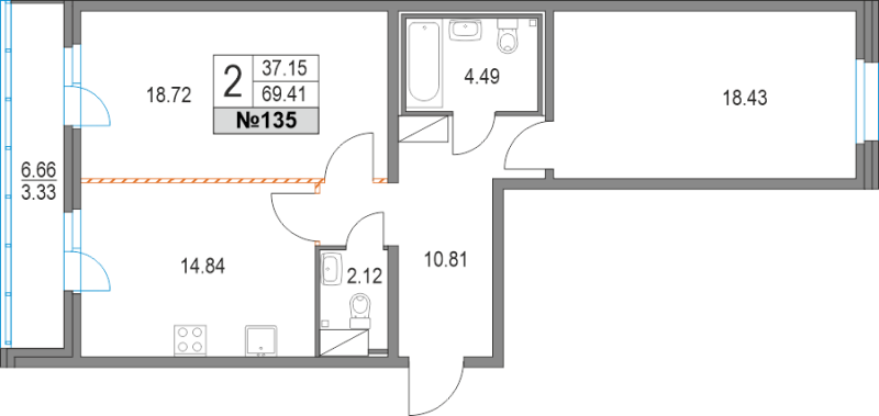 2-комнатная квартира, 69.41 м² в ЖК "Приморский квартал" - планировка, фото №1
