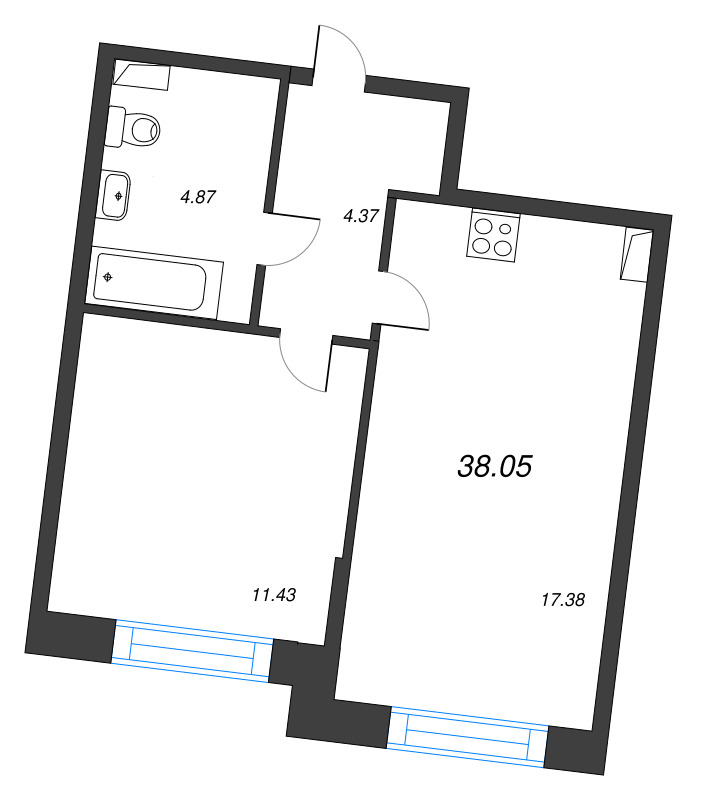 2-комнатная (Евро) квартира, 38.05 м² в ЖК "Остров Первых" - планировка, фото №1