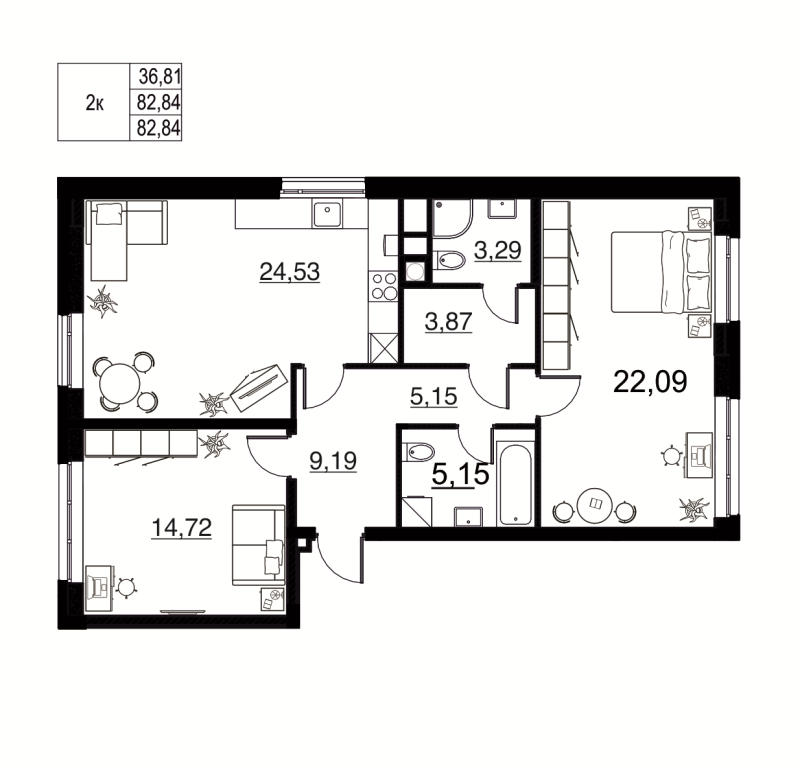 3-комнатная (Евро) квартира, 82.84 м² в ЖК "Соло. Петергоф" - планировка, фото №1