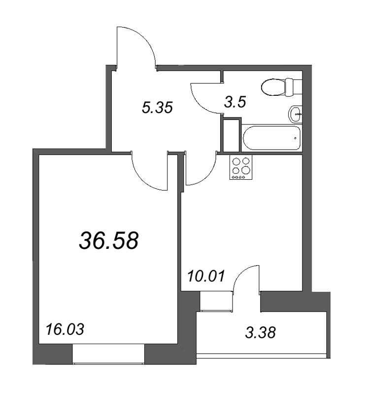 1-комнатная квартира, 36.58 м² - планировка, фото №1